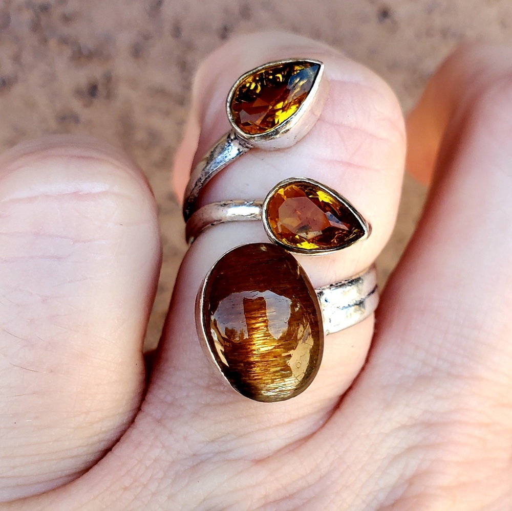 New Silver Sheen Obsidian & Citrine Open Cuff 925 Silver Ring. - Picture 9 of 16